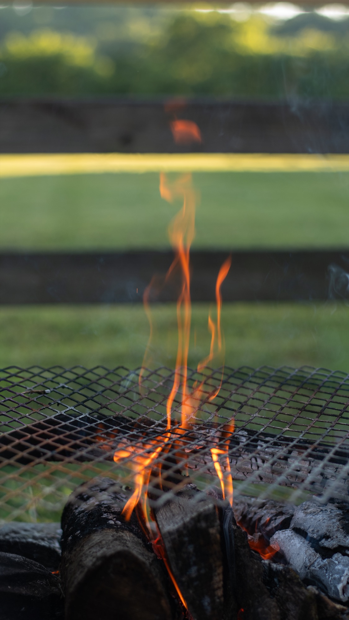 Live flames over hardwood in the open hearth