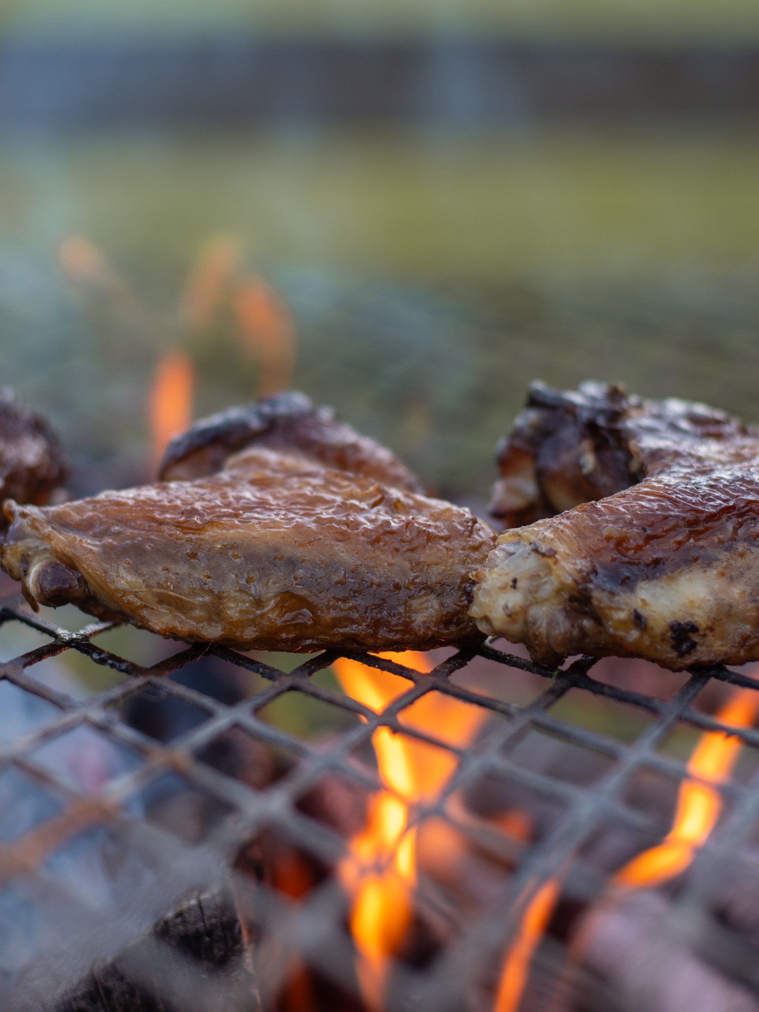 Chicken cooking over open flame on the hearth grate